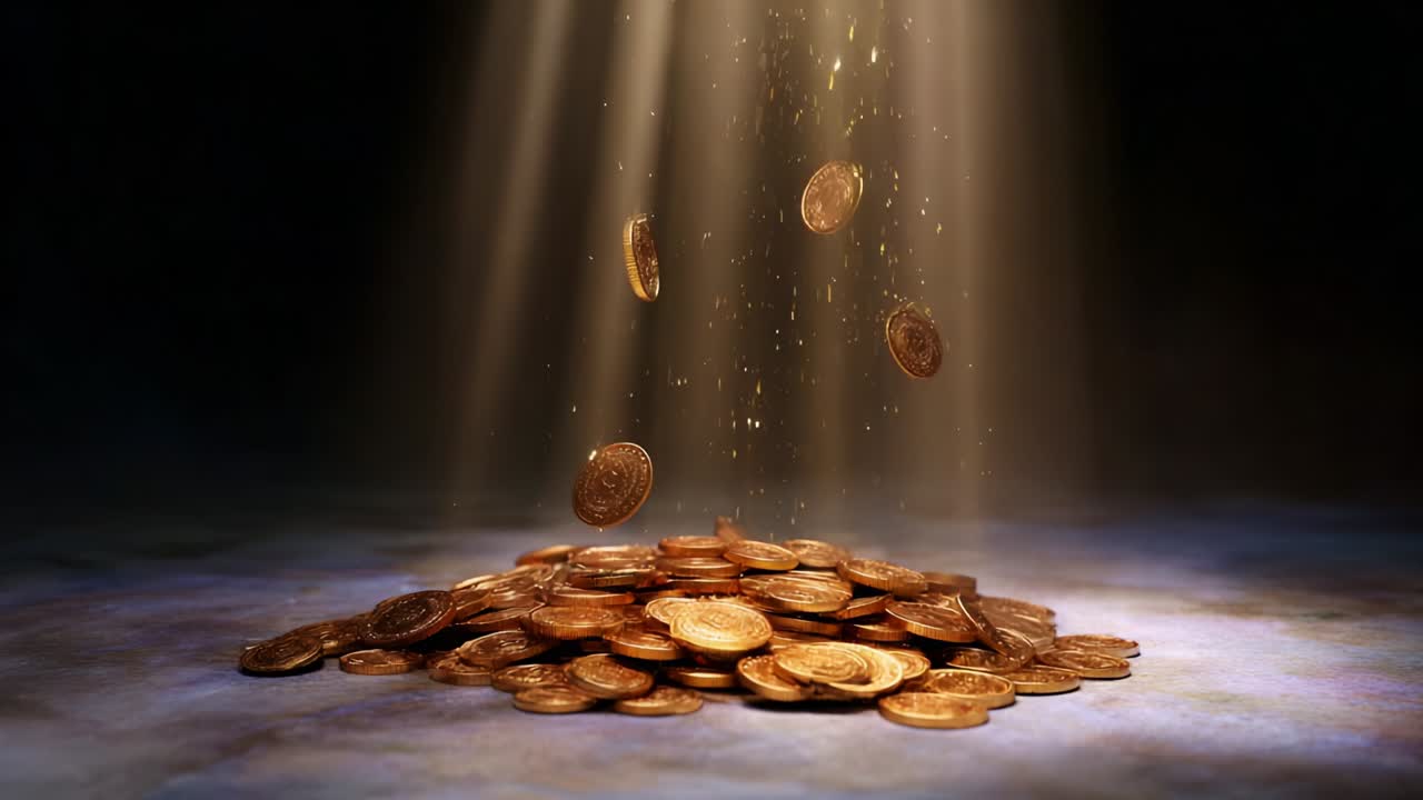 A mesmerizing display of gold coins cascading through beams of light, creating a striking atmosphere of wealth and abundance, showcases the beauty and allure of treasure in a captivating visual narrative