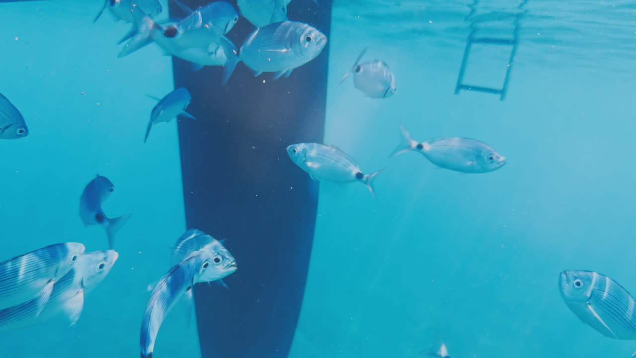 underwater view of a yacht hull with fish swimming around