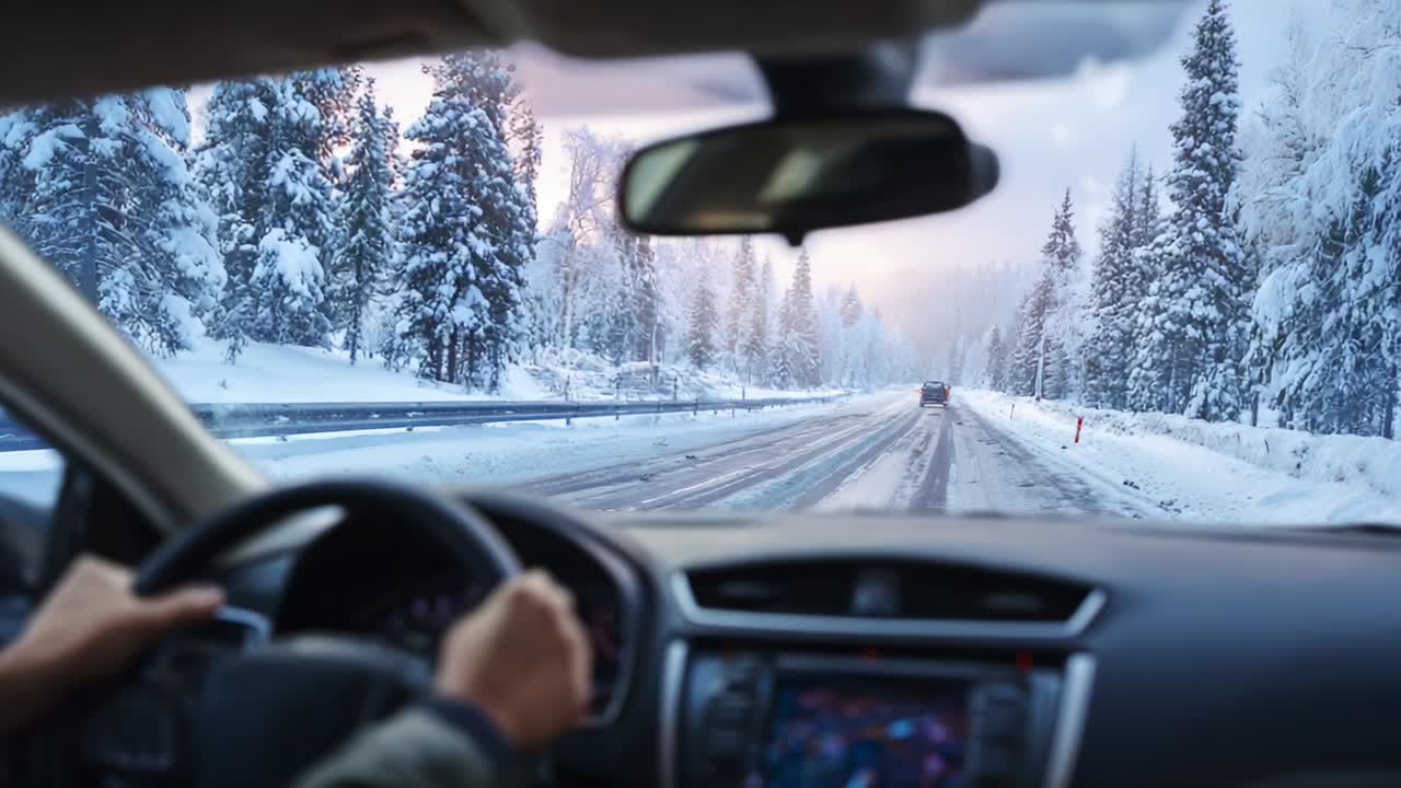 A Journey Through Winter Wonderland: Capturing the Beauty of Snow-Covered Roads and Lush Evergreen Trees as You Drive Through a Scenic Snowy Landscape with a Sense of Adventure and Freedom