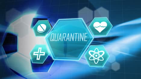 Animation-of-word-Quarantine-and-health-icons-with-with-soccer-ball-in-blue-background