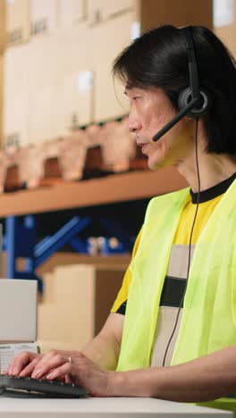 Vertical Video Call center employee assisting customers in a fulfillment center