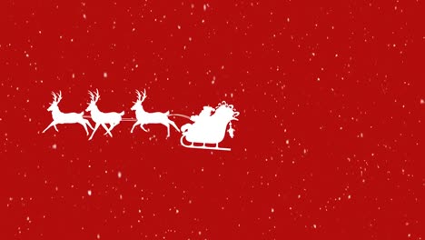 Snow-falling-over-santa-claus-in-sleigh-being-pulled-by-reindeers-against-red-background