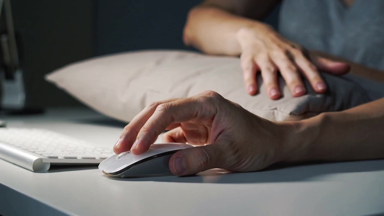 Reaching partner smoothing pillow as right hand clicking white mouse at home desk for comfort