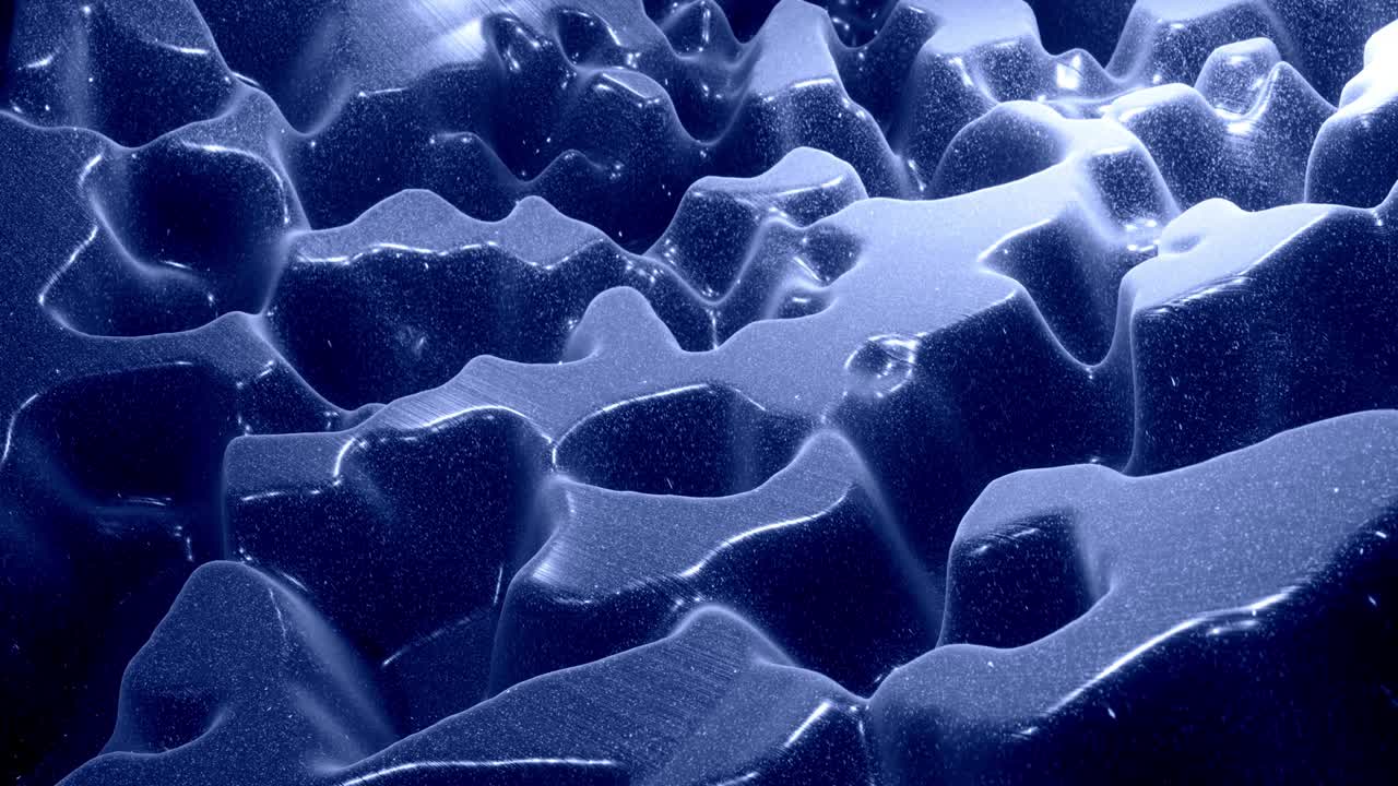 Stylish festive abstract black bg. Fantastical looped background, waves move on glossy surface like landscape made of liquid blue wax with sparkles. Beautiful soft background with smooth animation 4k