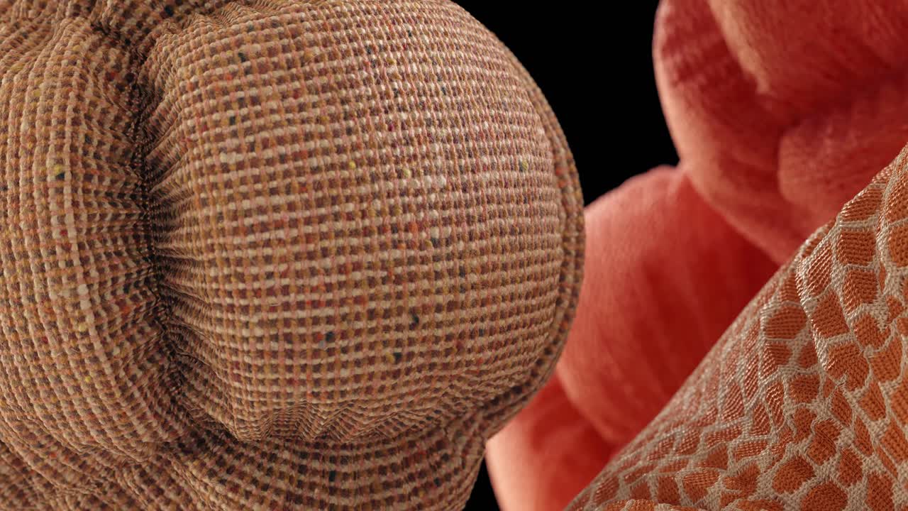 Soft bodies moving around together with fabric texture. 3d animation