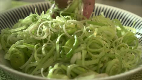 extreme close up male chef mixing sliced leeks with oil, salt and pepper