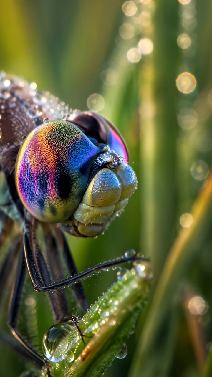 Una macro ravvicinata segue una libellula posata su uno stelo verde bagnato mentre l'angolazione della sua testa e le zampe anteriori cambiano leggermente, rivelando occhi composti colorati accanto a goccioline luminose e un bokeh verde