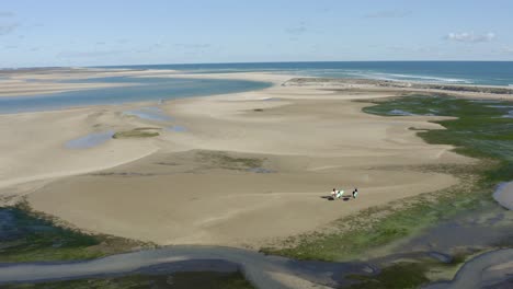 vista aérea de surfistas caminando por la playa, tablas en la mano, camino al océano