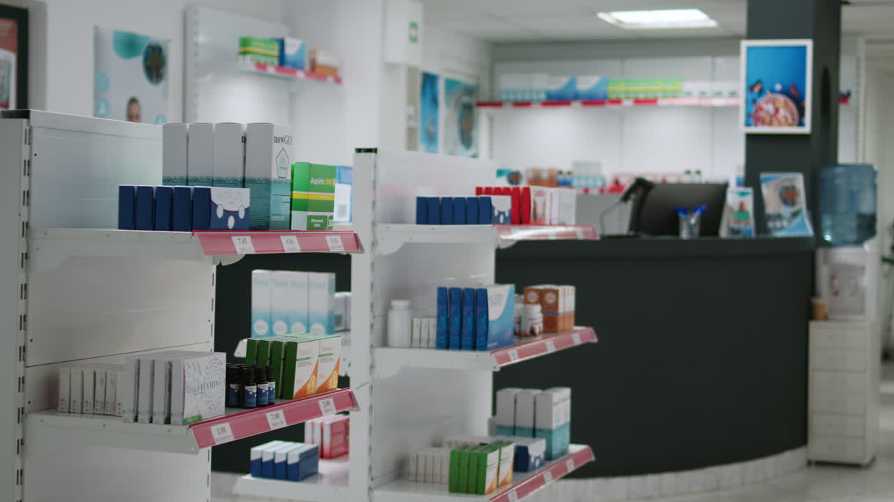 Hylder i et apotek med medicin og helseprodukter