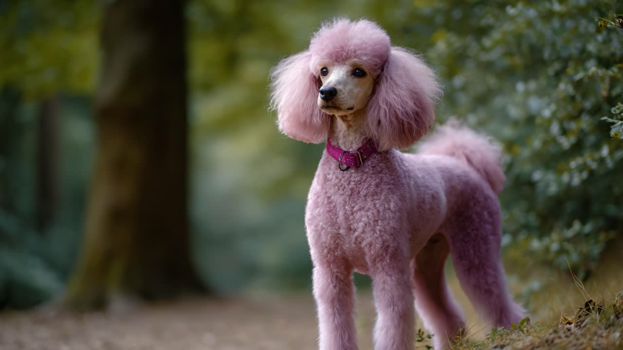 Un barboncino rosa giocherellone si erge fiero su un sentiero nella foresta, circondato da una vegetazione verdeggiante e una luce naturale soffusa, catturando un momento sereno con il suo aspetto intrigante