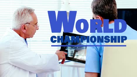 Animation-of-world-championship-over-caucasian-senior-male-doctor-talking-with-patient