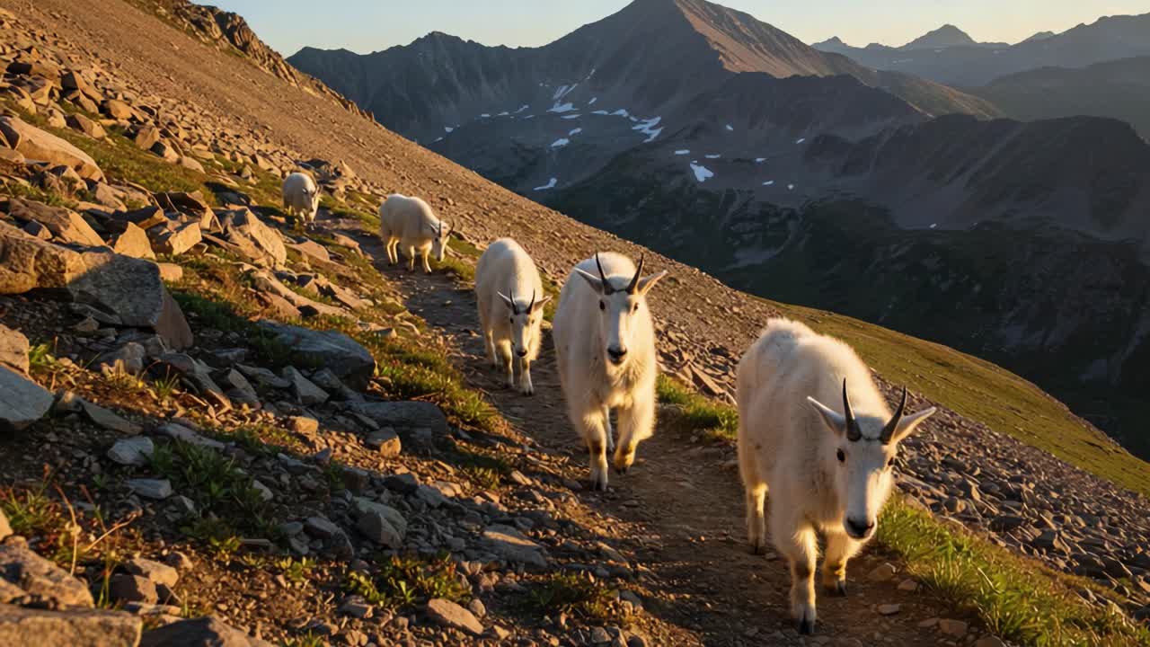 A Scenic Mountain Trail Journey with a Herd of Mountain Goats Amidst Majestic Alpine Landscape Under Soft Sunrise Light