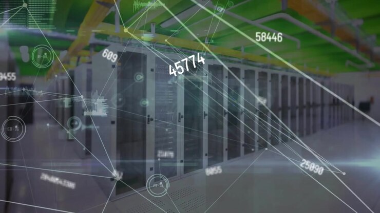 Digital Data Network Visualization in a Modern Server Room