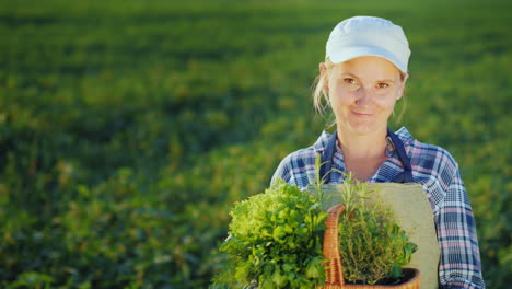 Mujer-Agricultora-Con-Canasta-De-Verduras-Y-Especias-De-Pie-En-El-Campo
