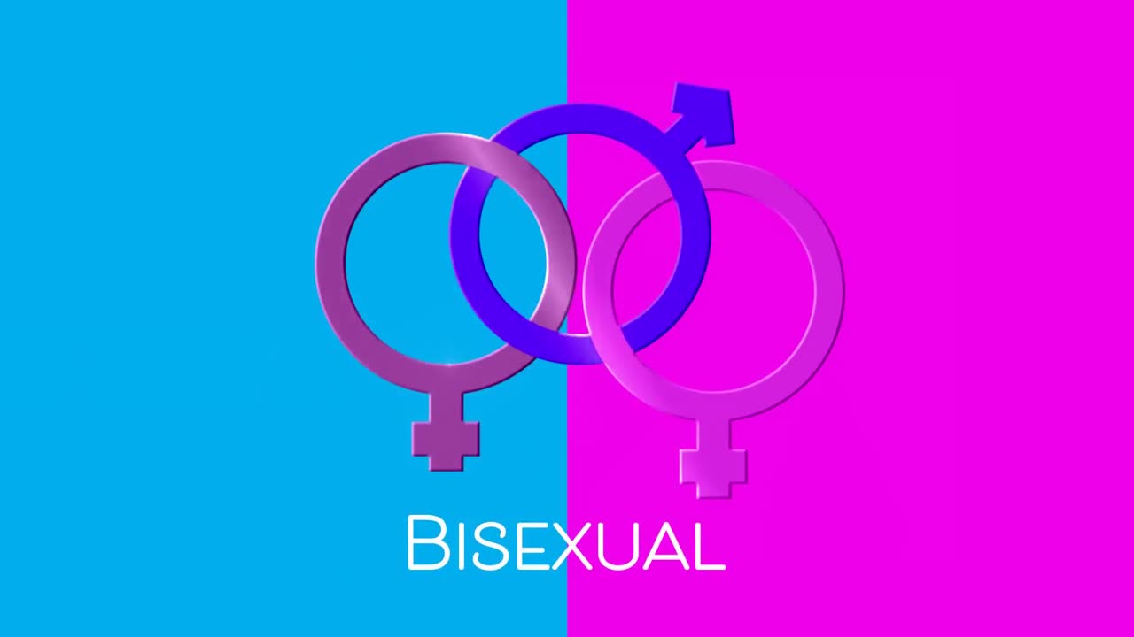 texto bisexual y tres símbolos femeninos y masculinos unidos en fondo rosa y azul