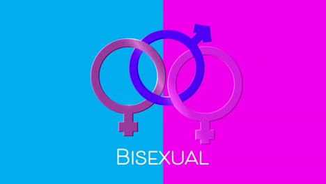 texto bisexual y tres símbolos femeninos y masculinos unidos en fondo rosa y azul