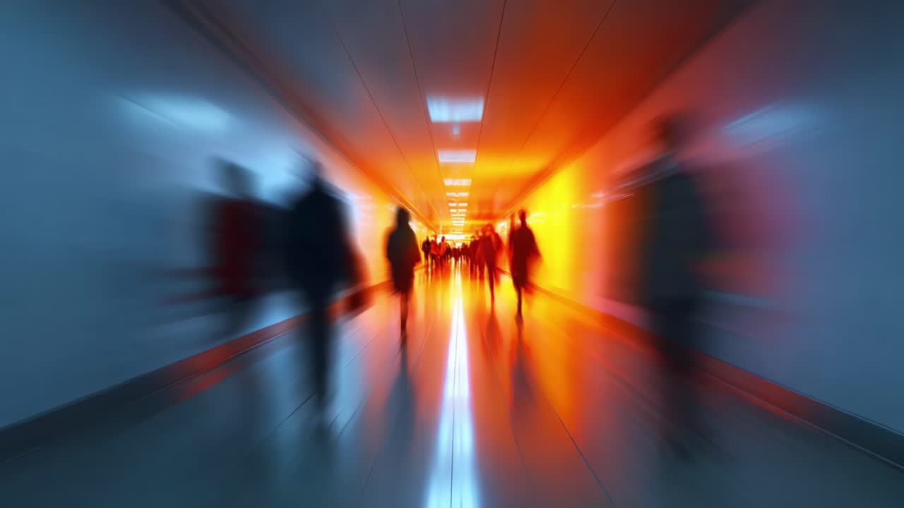 A Surreal Glimpse into a Colorful Corridor Filled with Blurred Figures, Capturing the Dynamic Movement of People in an Urban Environment