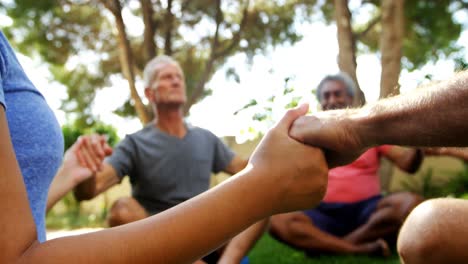 entrenador tomándose de la mano y meditando con personas mayores 4k