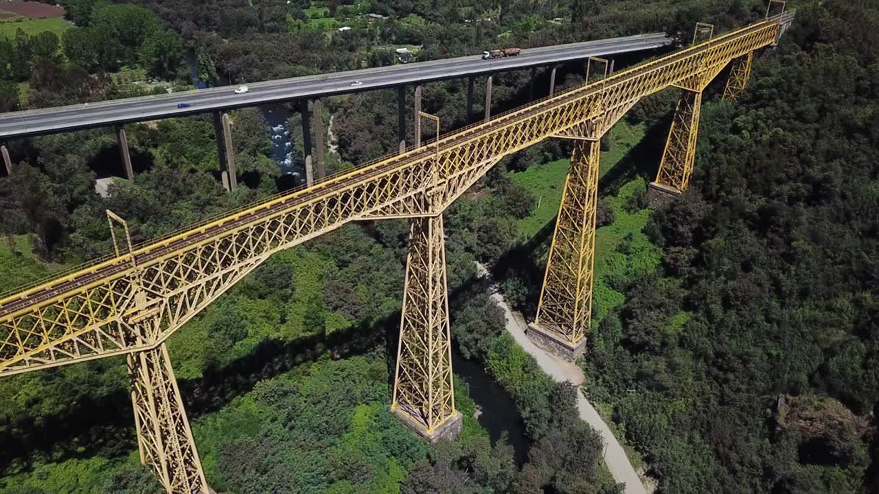 Aerial View of Malleco Viaduct and Pan-american Highway Bridge. National Railway Landmark in Collipulli, Chile