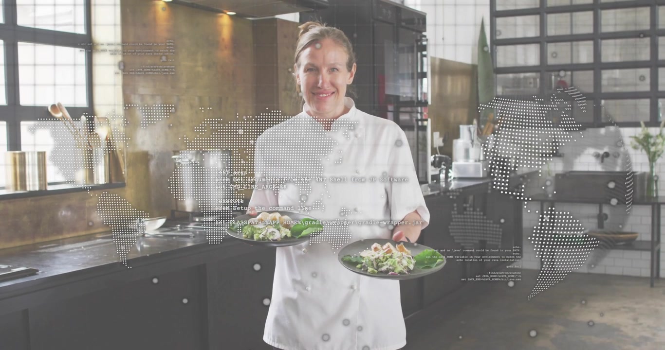 Chef che sistema i piatti di insalata mentre la telecamera zooma, rivelando una sovrapposizione di mappa del mondo.