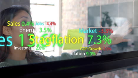 animation of data processing and market texts over diverse businesswomen discussing work in office