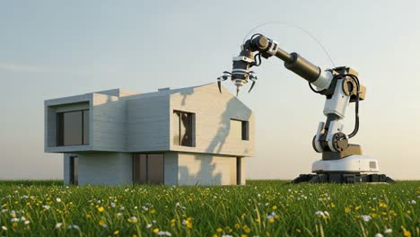 innovative robotic arm constructs modern house in lush green landscape, showcasing cutting-edge automation and architecture integration