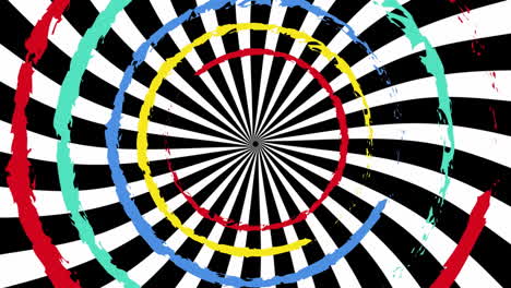 animación de múltiples círculos en movimiento de colores sobre fondo blanco y negro