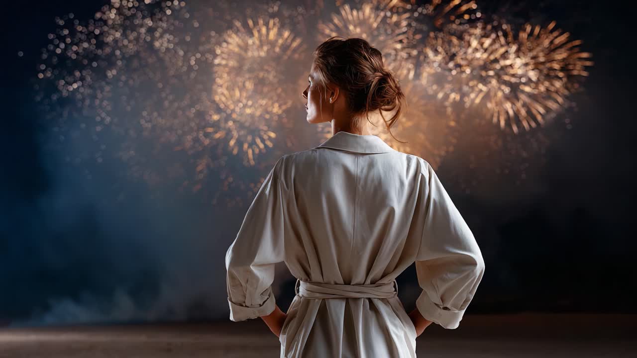 Momento contemplativo di una donna che osserva i fuochi d'artificio da lontano in un cielo notturno, catturando l'essenza della celebrazione, della meraviglia e della riflessione