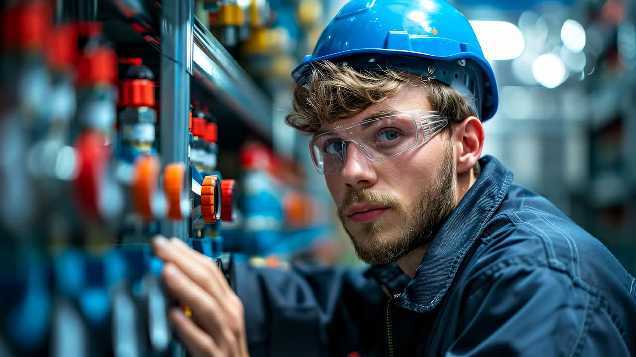 Tech working on factory gear. A technician inspects machinery controls in a factory setting during the day, focused on ensuring proper function