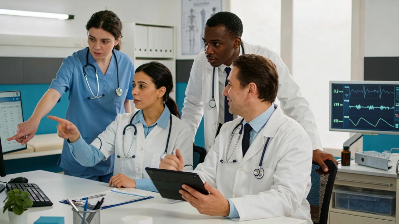 Reviewing medical team responding to tablet data, white coats scrubs pointing at screens at clinic
