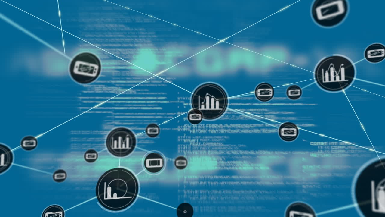 animación de la red de conexiones con iconos y procesamiento de datos