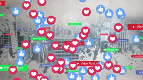 animation of falling social media icons and emojis over cityscape