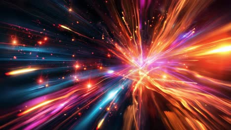 colorful streaks and particles emanate from a bright central explosion, creating a dynamic and visually stunning display against the backdrop of dark space