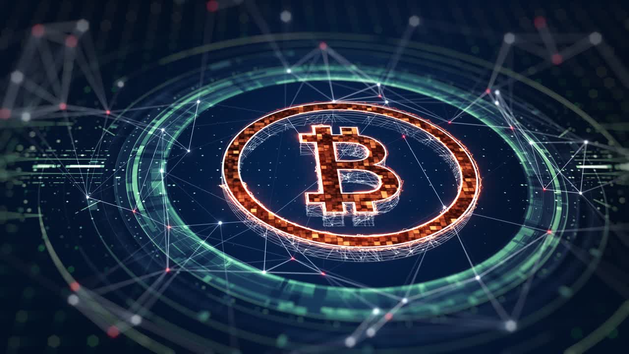 bitcoin bloquea conexiones de seguridad digital. dinero digital futurista y tecnología concepto de red mundial. bitcoin es popular en los negocios globales y como un activo de refugio seguro. tecnología blockchain.