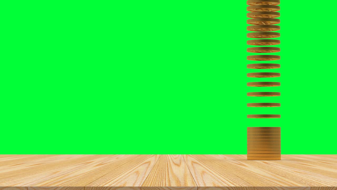 녹색 화면에 쌓여있는 금 동전의 3d 애니메이션.