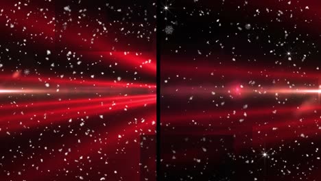 Animation-of-split-screen-showing-red-spotlight-and-light-beams,-with-glowing-particles,-on-black