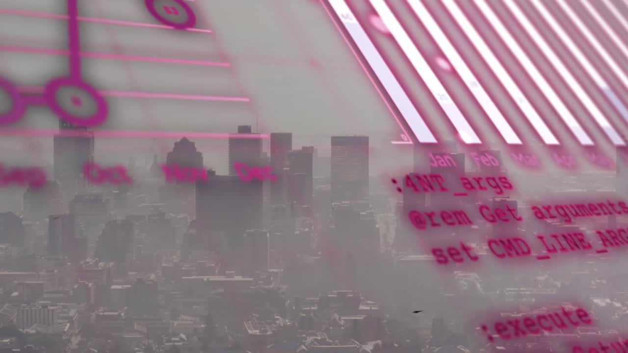 animación del procesamiento de datos estadísticos frente a una vista aérea del paisaje urbano