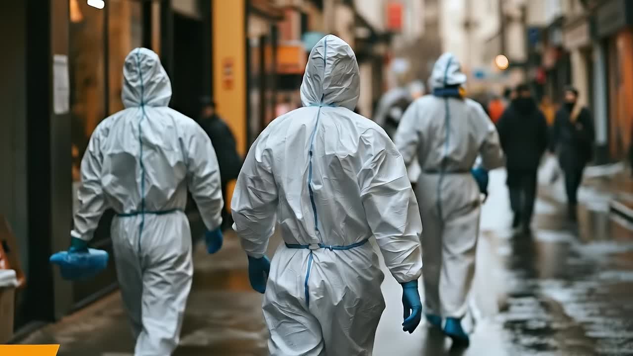 A group of people in protective gear walking down a street
