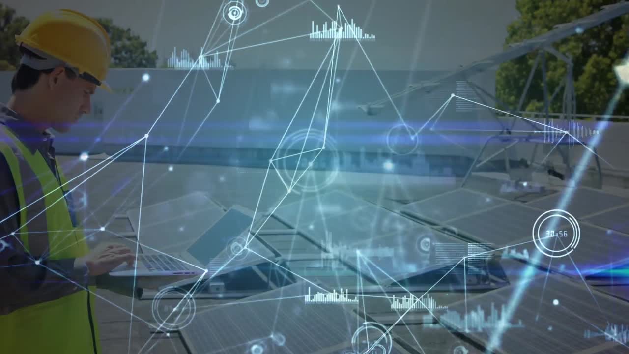 태양 전지 패널과 백인 남성 엔지니어에 대한 연결 네트워크의 애니메이션