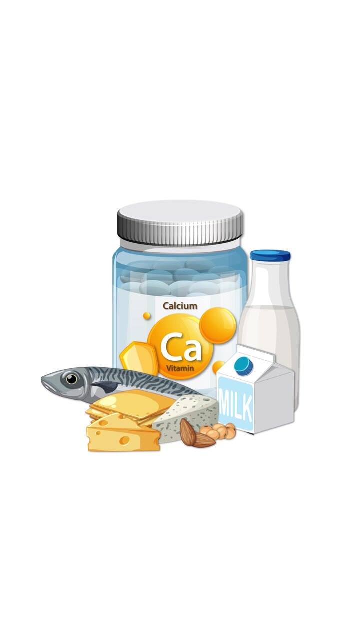 Flacone di integratore di calcio con latte, formaggio, pesce e noci su sfondo bianco, transizione animata fluida.