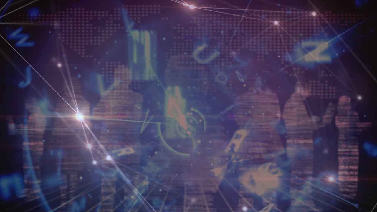 Animation of network of connections over data processing on black background