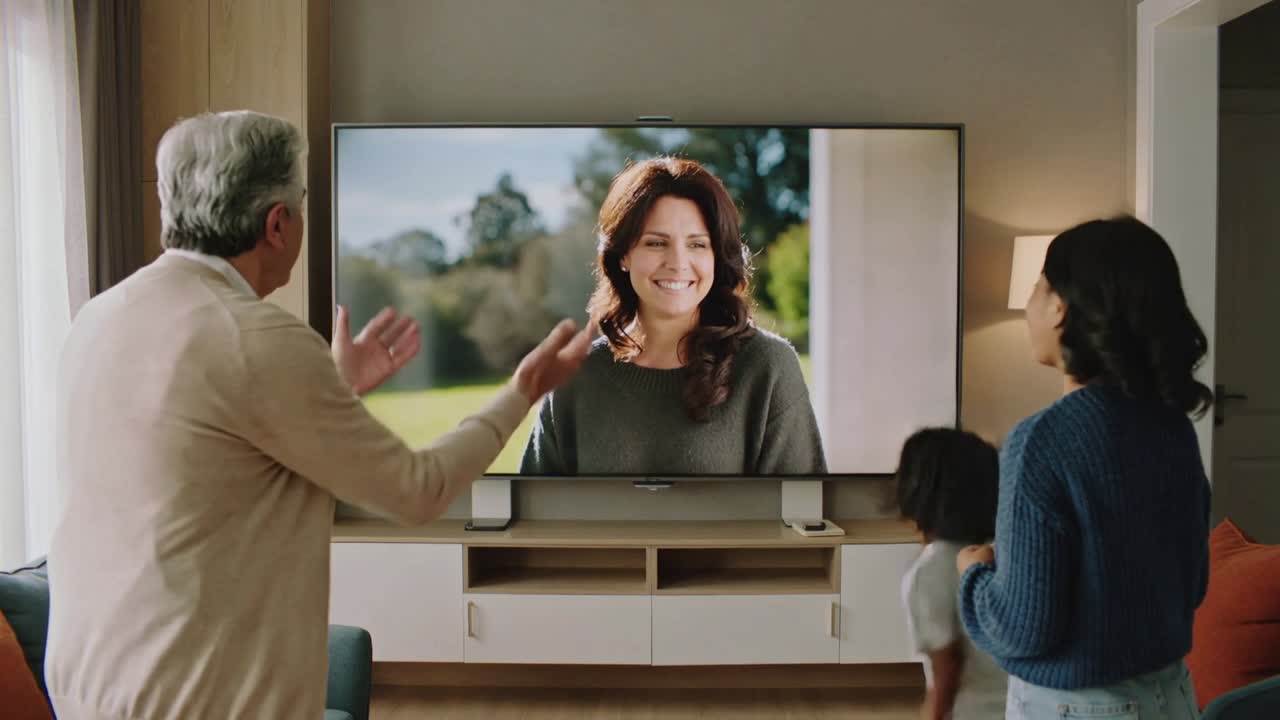 Reagerer på smilende kvinde på TV derhjemme, senior gestikulerer, voksen kvinde støtter barn, der træder