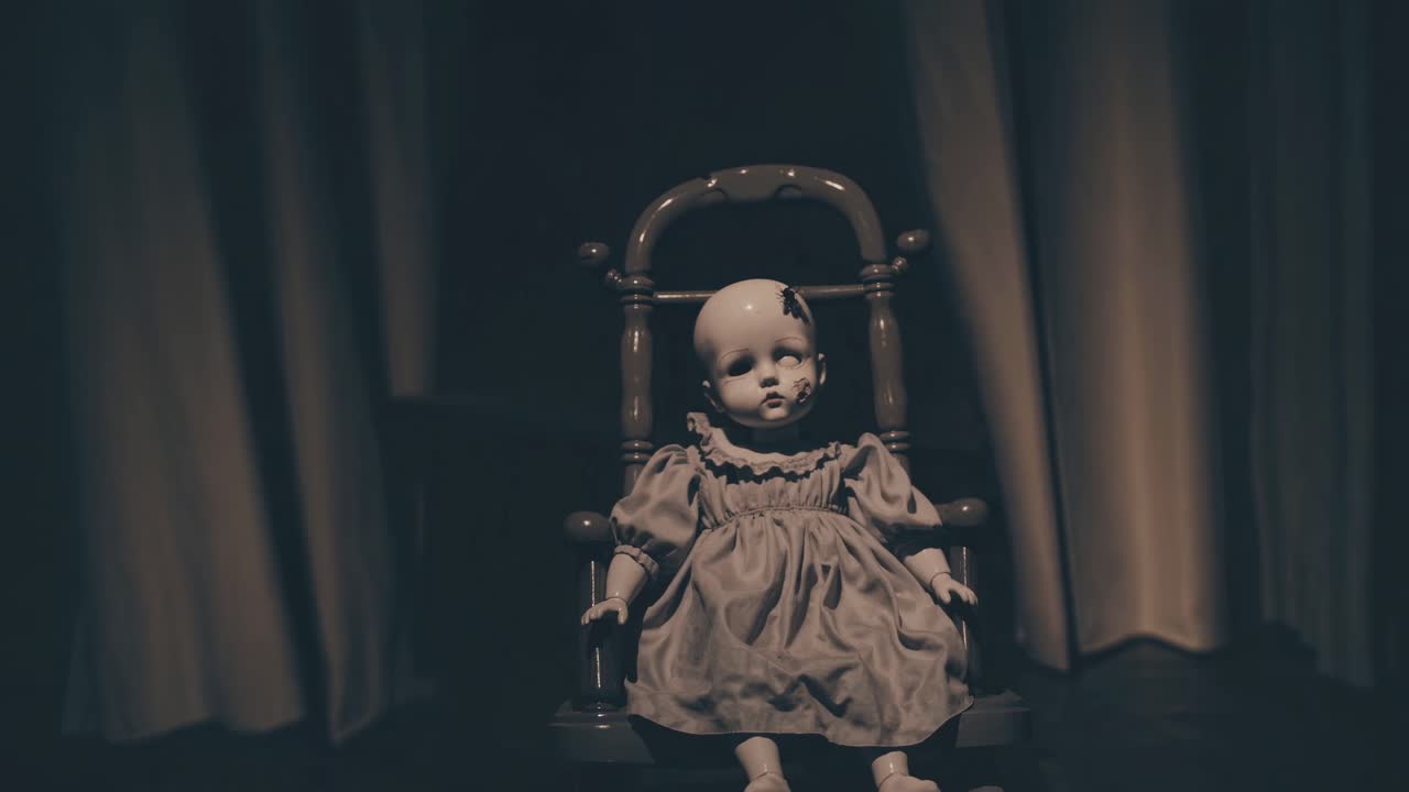 Broken porcelain doll in antique rocking chair