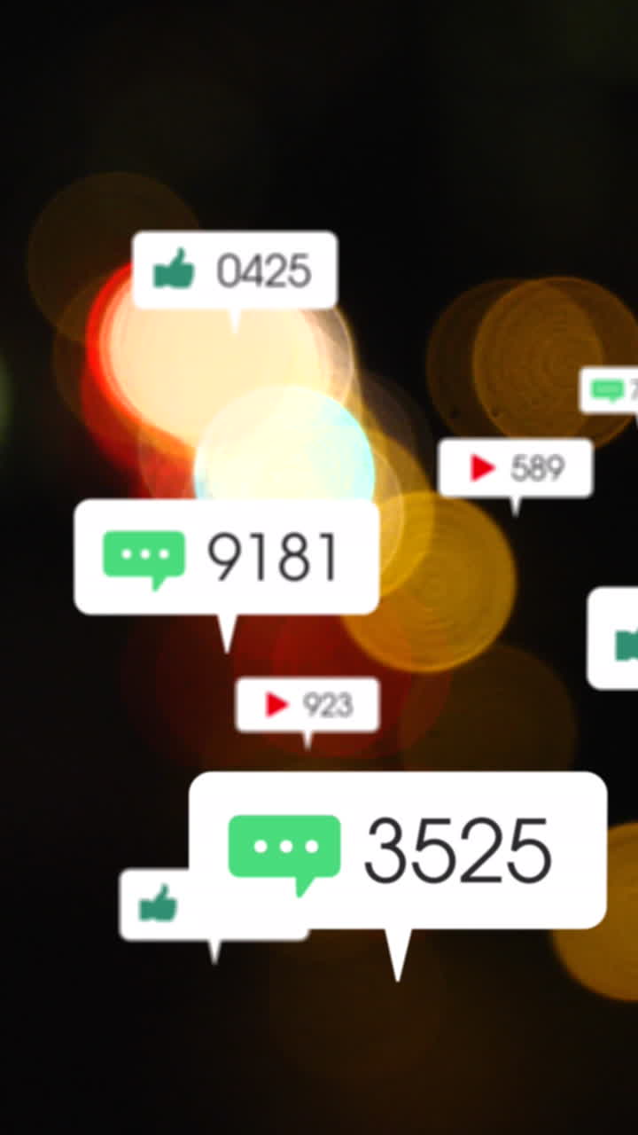 Animazione di icone e numeri dei social media su semafori sfocati