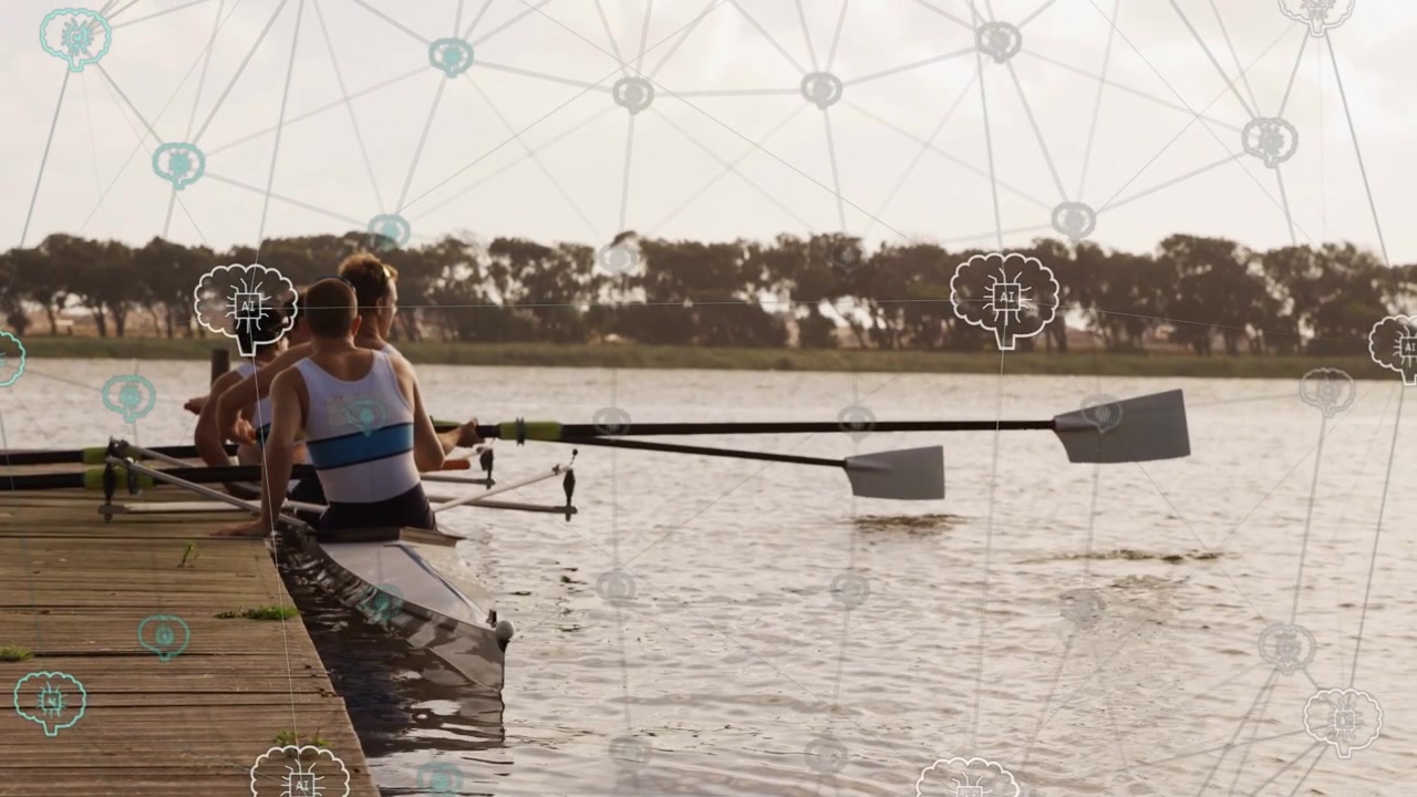 Four rowers releasing dock pushing shell rowing toward water with sports overlays showing sync