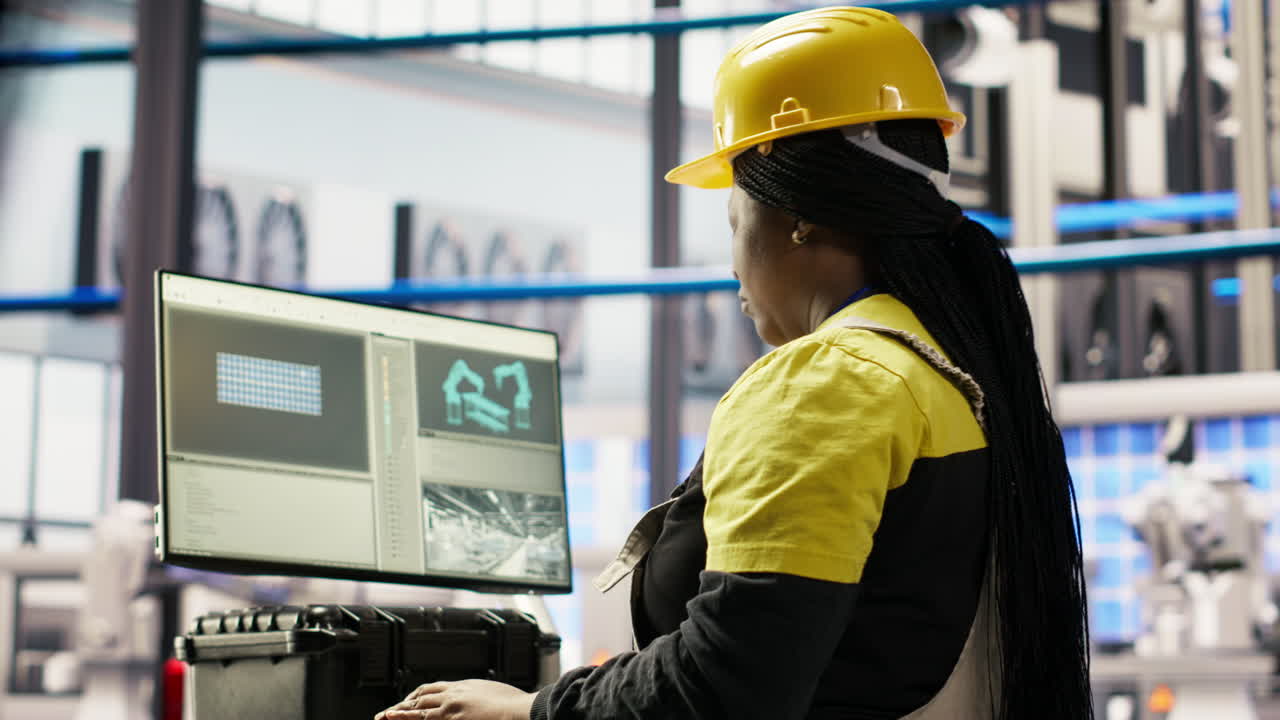 Vertical video Smart solar panels factory worker typing on PC, testing automated systems