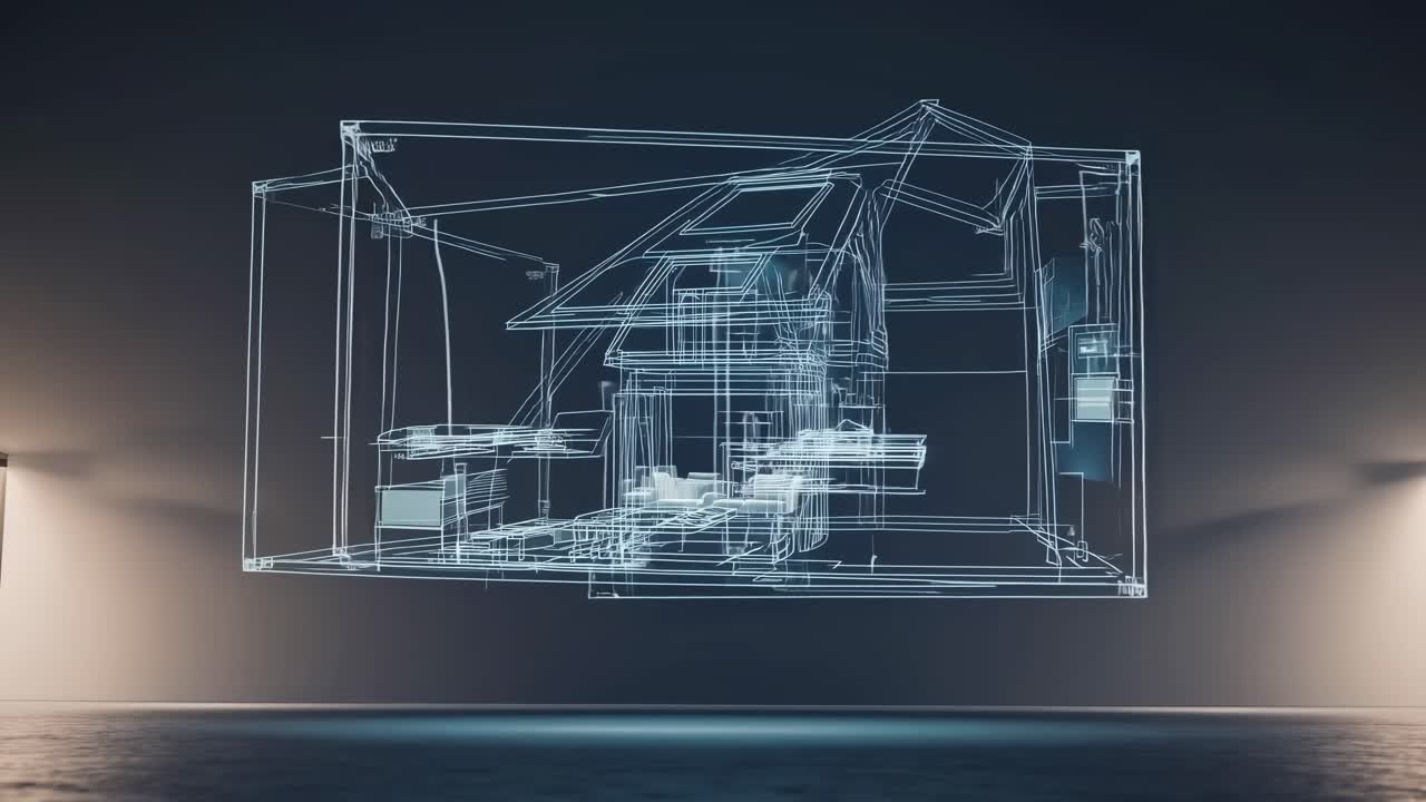 Futuristinen arkkitehtoninen wireframe-muotoilu hämärästi valaistussa huoneessa, kuvattu matalasta kuvakulmasta