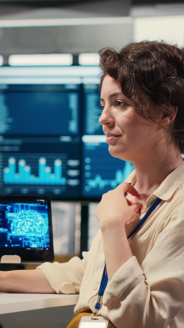 Vertical Video Woman analyst uses AI neural networks for data mining and optimization