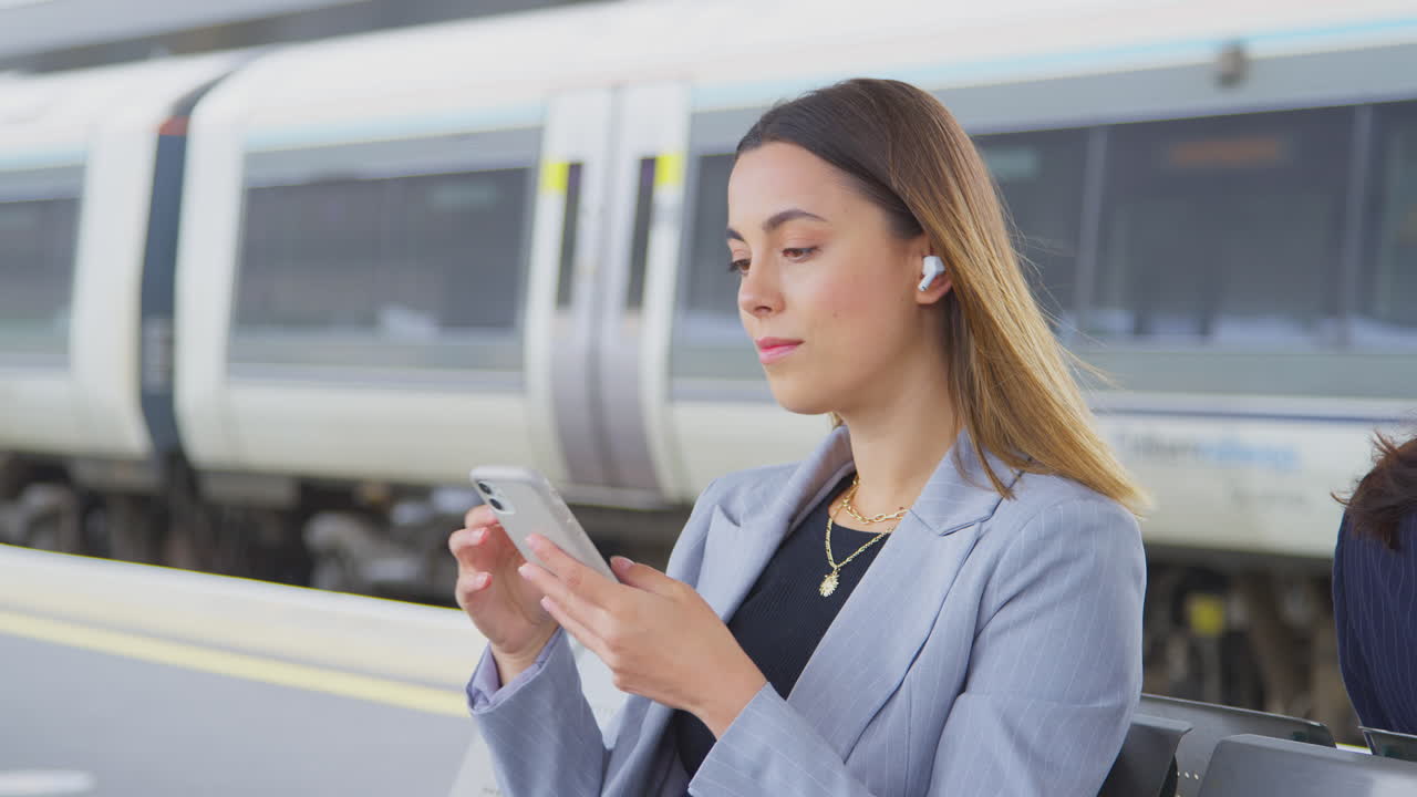 mujer de negocios esperando en la plataforma del tren con auriculares inalámbricos escucha música en el teléfono móvil