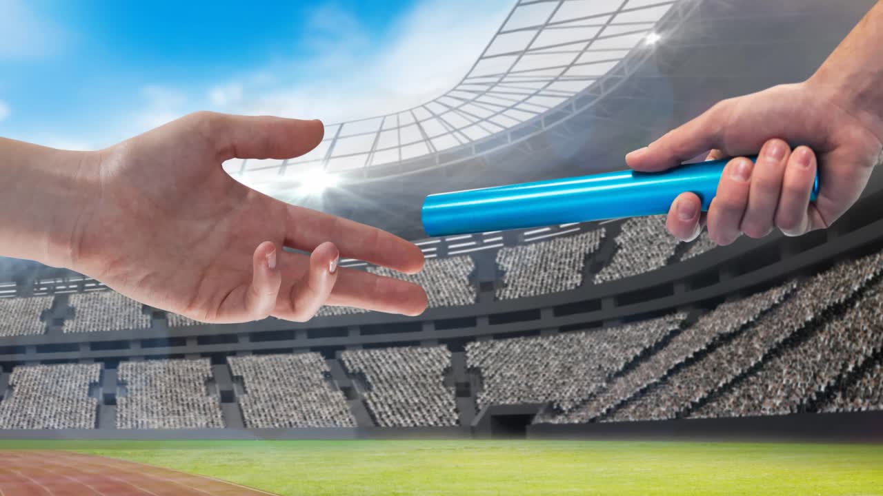 Animation of athlete's hands passing blue relay baton over sports stadium